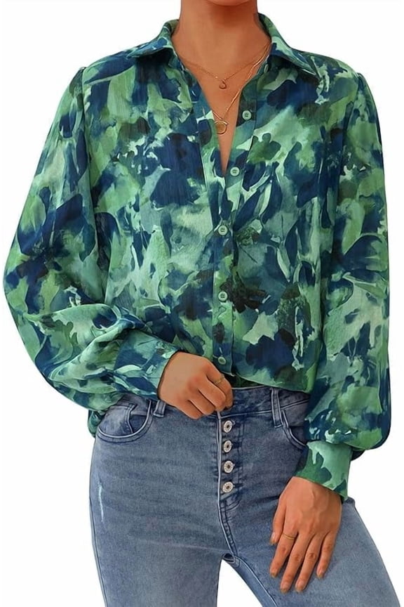 Women's Floral Blouses Dressy Casual V Neck Button Down Shirts Lantern Long Sleeve Boho Chiffon Spring Tops