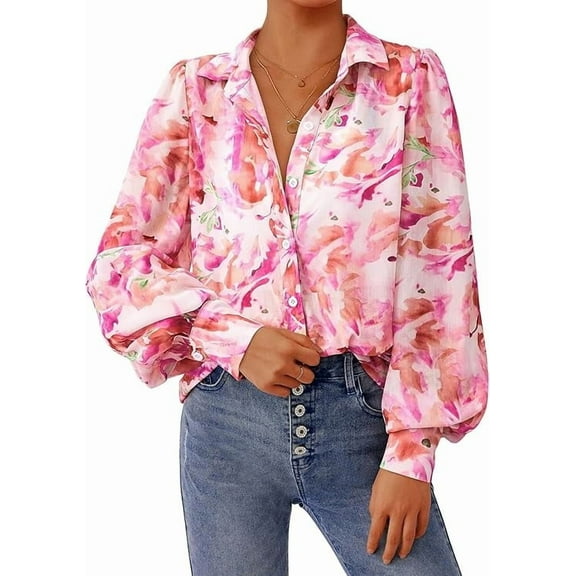 PRETTYGARDEN Women's Floral Blouses Dressy Casual V Neck Button Down Shirts Lantern Long Sleeve Boho Chiffon Spring Tops