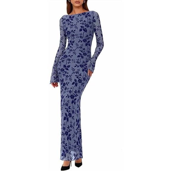 PRETTYGARDEN Women's Floral Bodycon Maxi Dress Fall Elegant Mesh Long Sleeve Formal Wedding Guest Cocktail Dresses