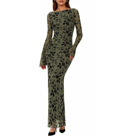PRETTYGARDEN Women's Floral Bodycon Maxi Dress Fall Elegant Mesh Long Sleeve Formal Wedding Guest Cocktail Dresses