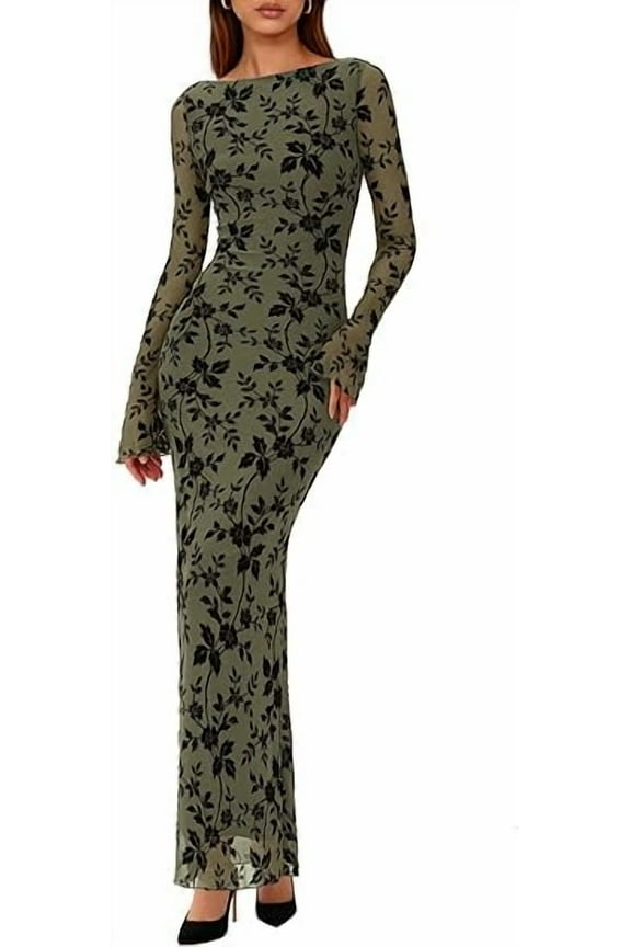 Women's Floral Bodycon Maxi Dress Fall Elegant Mesh Long Sleeve Formal Wedding Guest Cocktail Dresses