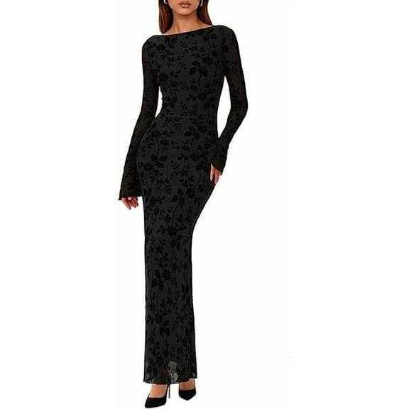 PRETTYGARDEN Women's Floral Bodycon Maxi Dress Fall Elegant Mesh Long Sleeve Formal Wedding Guest Cocktail Dresses