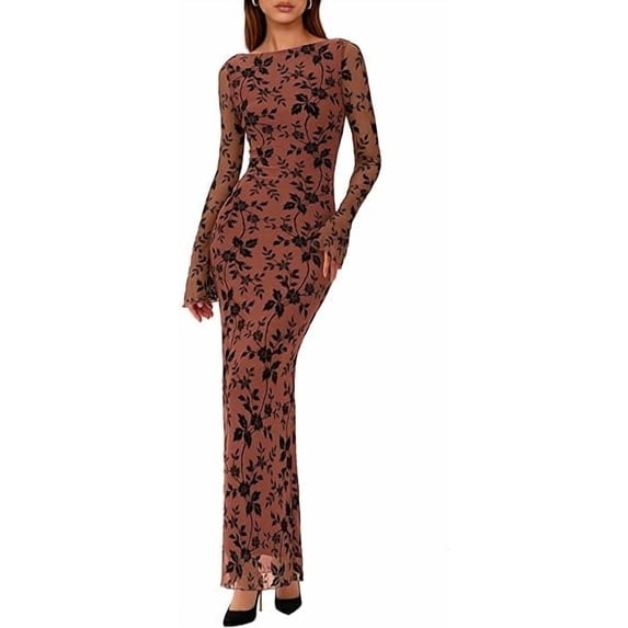 PRETTYGARDEN Women's Floral Maxi Dress, Mesh Long Sleeve, Fall ...