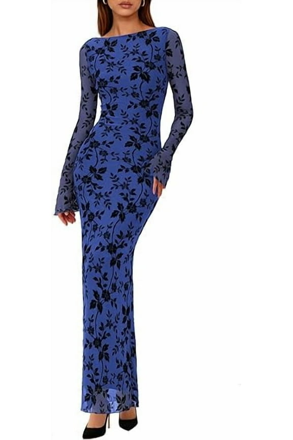 Women's Floral Bodycon Maxi Dress Fall Elegant Mesh Long Sleeve Formal Wedding Guest Cocktail Dresses