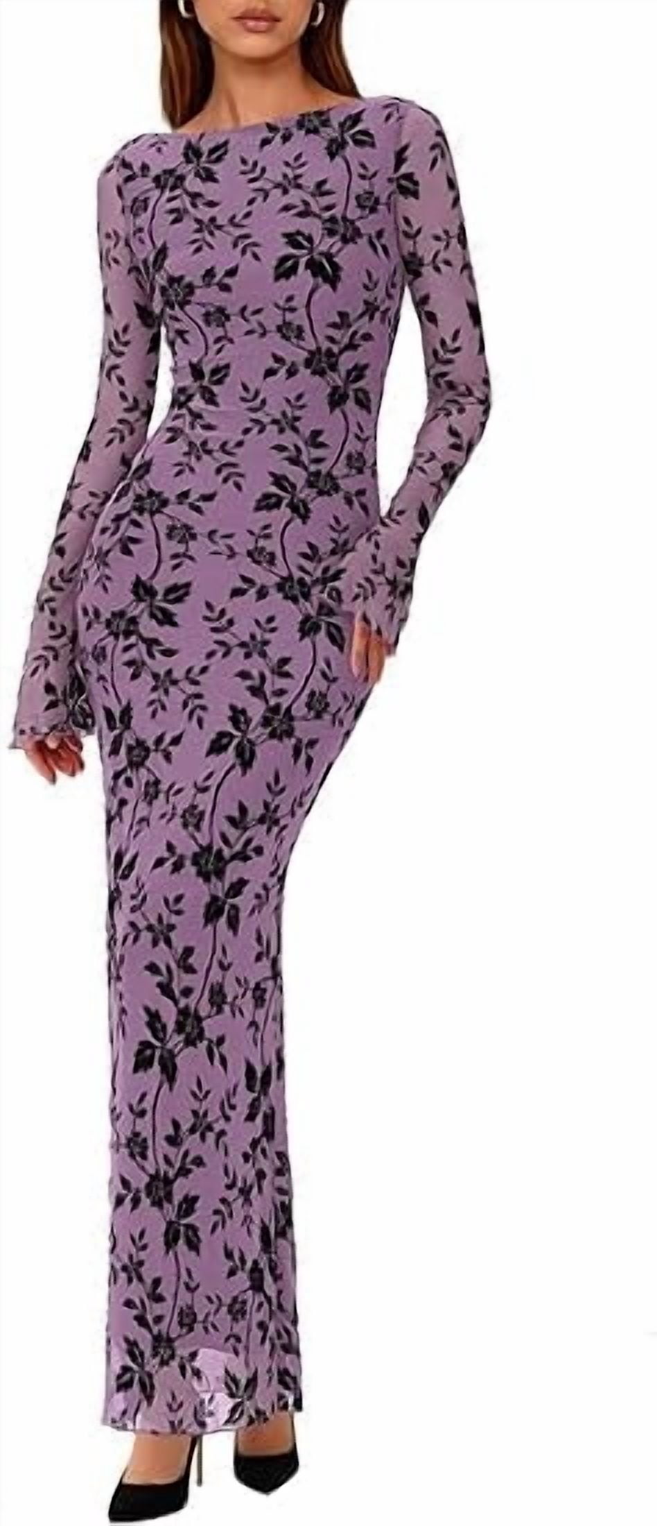 women's elegant long sleeve dress Floral V-Neck Long-Sleeve Dress Heavenly Blue / L (US 6)