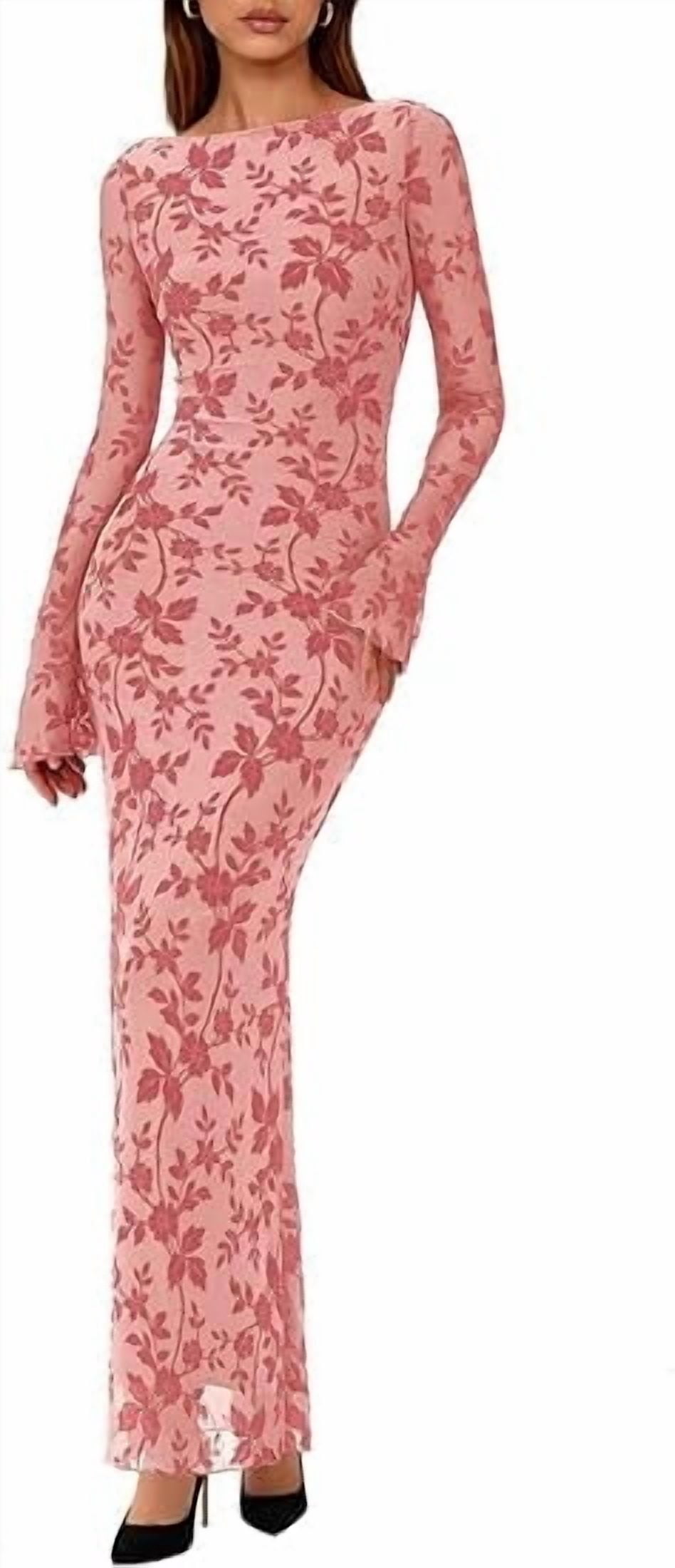 red dress midi bodycon ZESICA Floral Long Sleeve Bodycon Boho V Neck Cocktail PartyDresses – zesica