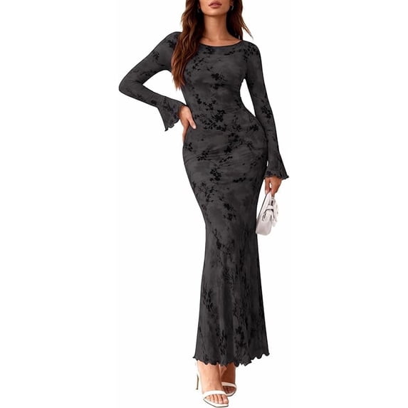 PRETTYGARDEN Women's Floral Bodycon Maxi Dress Spring Elegant Mesh Long Sleeve Formal Wedding Guest Cocktail Dresses