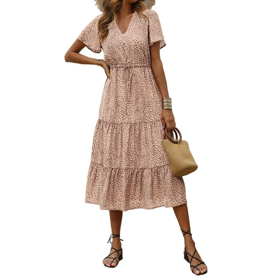 PRETTYGARDEN Women's Floral Boho Dress Casual Short Sleeve V Neck Ruffle Tiered Summer Swing Maxi Dresses