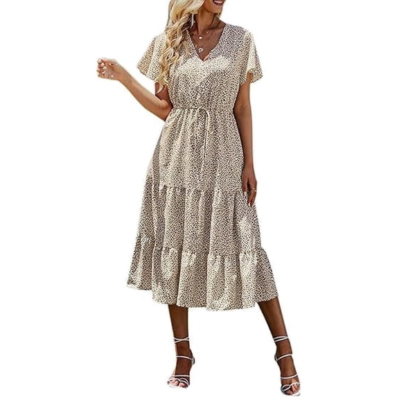 PRETTYGARDEN Women's Floral Boho Dress Casual Short Sleeve V Neck Ruffle Tiered Summer Swing Maxi Dresses