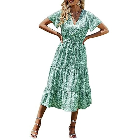 PRETTYGARDEN Women's Floral Boho Dress Casual Short Sleeve V Neck Ruffle Tiered Summer Swing Maxi Dresses