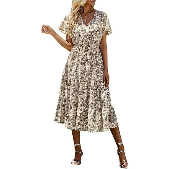 PRETTYGARDEN Women's Floral Boho Dress Casual Short Sleeve V Neck Ruffle Tiered Summer Swing Maxi Dresses