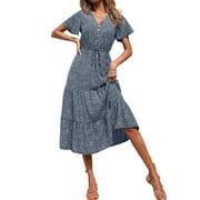 PRETTYGARDEN Women's Floral Boho Dress Casual Short Sleeve V Neck Ruffle Tiered Summer Swing Maxi Dresses