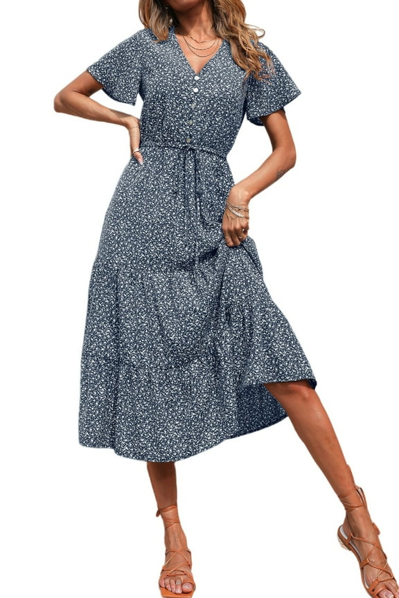 Women's Floral Boho Dress Casual Short Sleeve V Neck Ruffle Tiered Summer Swing Maxi Dresses