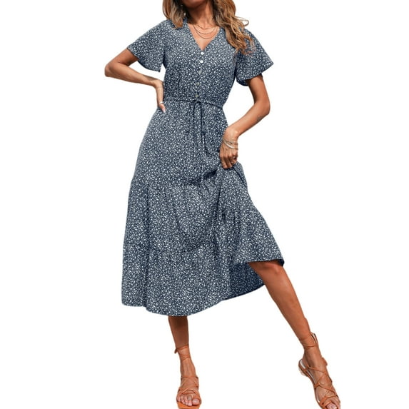 PRETTYGARDEN Women's Floral Boho Dress Casual Short Sleeve V Neck Ruffle Tiered Summer Swing Maxi Dresses