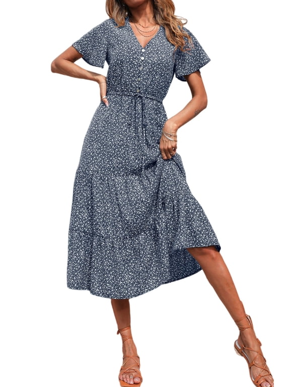 Women's Floral Boho Dress Casual Short Sleeve V Neck Ruffle Tiered Summer Swing Maxi Dresses