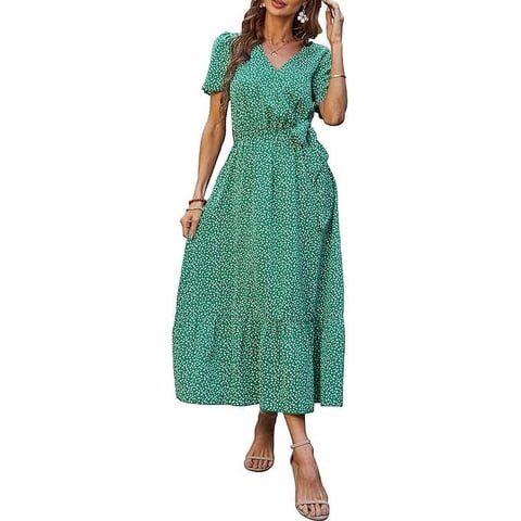 Women's Floral Boho Dress Wear To Work Wrap V Neck Short Sleeve Belted Ruffle Hem A-Line Flowy Maxi Dresses
