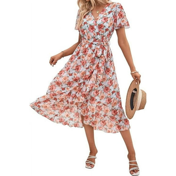 PRETTYGARDEN Women's Floral Boho Dress Wear To Work Wrap V Neck Short Sleeve Belted Ruffle Hem A-Line Flowy Maxi Dresses