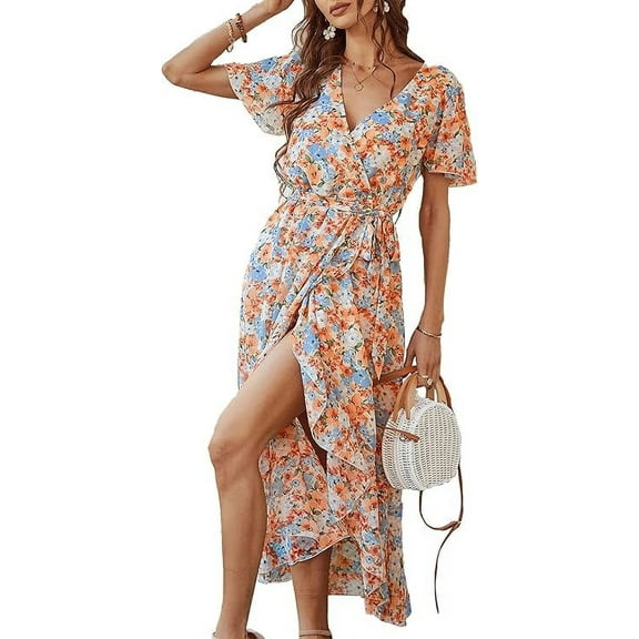 PRETTYGARDEN Women's Floral Boho Dress Wear To Work Wrap V Neck Short Sleeve Belted Ruffle Hem A-Line Flowy Maxi Dresses