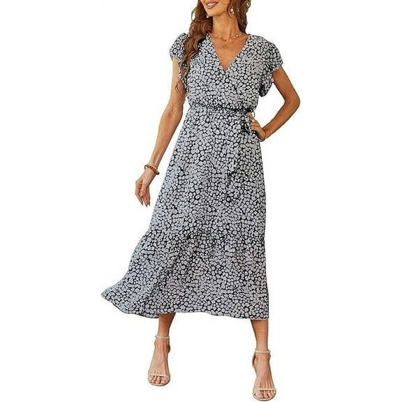 PRETTYGARDEN Women's Floral Boho Dress Wear To Work Wrap V Neck Short Sleeve Belted Ruffle Hem A-Line Flowy Maxi Dresses