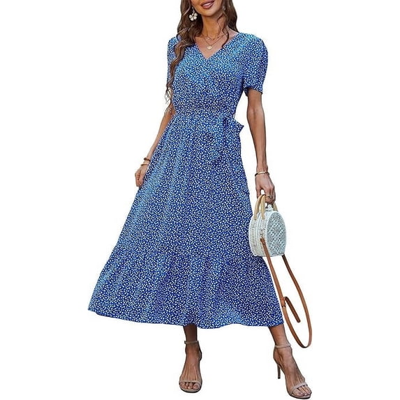 PRETTYGARDEN Women's Floral Boho Dress Wear To Work Wrap V Neck Short Sleeve Belted Ruffle Hem A-Line Flowy Maxi Dresses