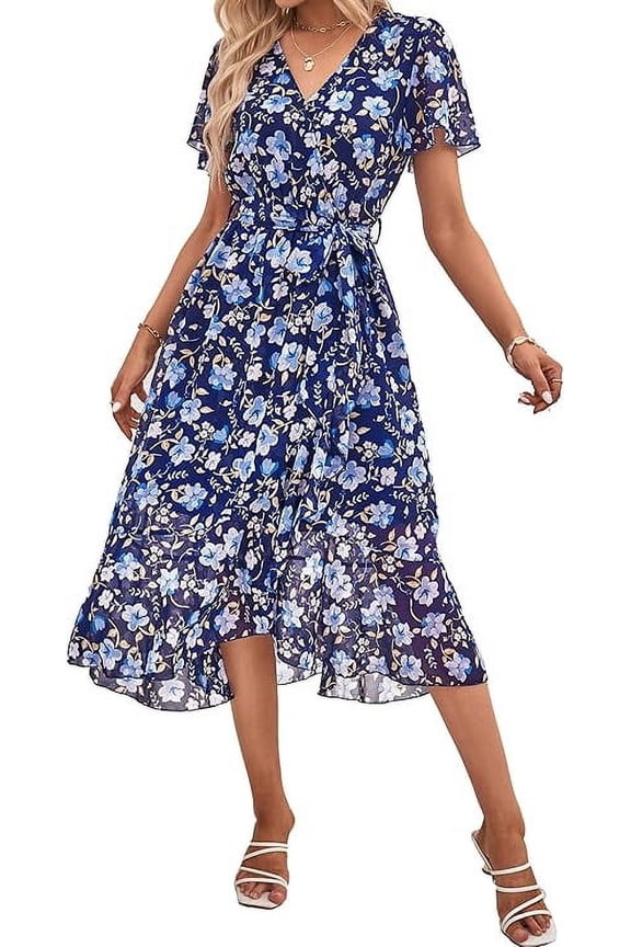Women's Floral Boho Dress Wear To Work Wrap V Neck Short Sleeve Belted Ruffle Hem A-Line Flowy Maxi Dresses