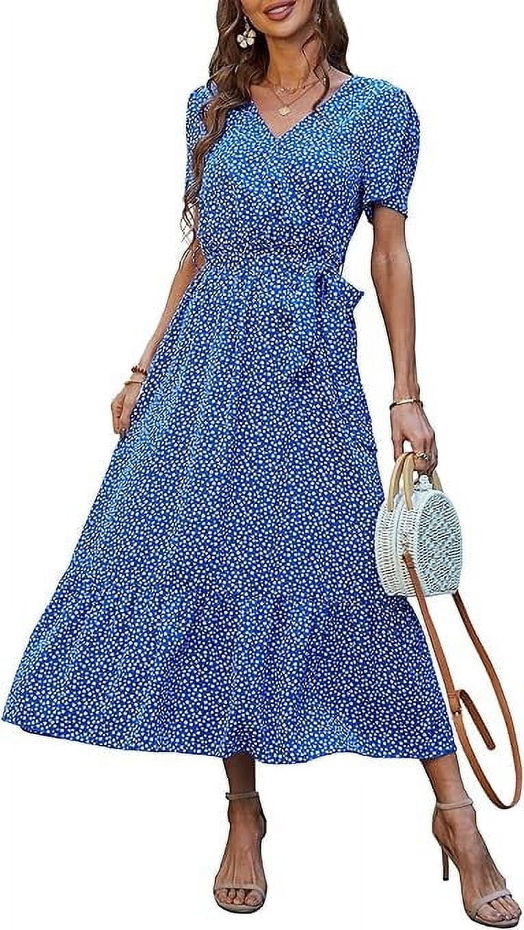 Short Sleeve Flowy Maxi Dress Maxi Dresses Short Blue Flowy Dress Sky Blue  Floral V Neck Puff