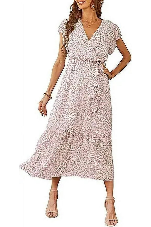 Women's Floral Boho Dress Wear To Work Wrap V Neck Short Sleeve Belted Ruffle Hem A-Line Flowy Maxi Dresses
