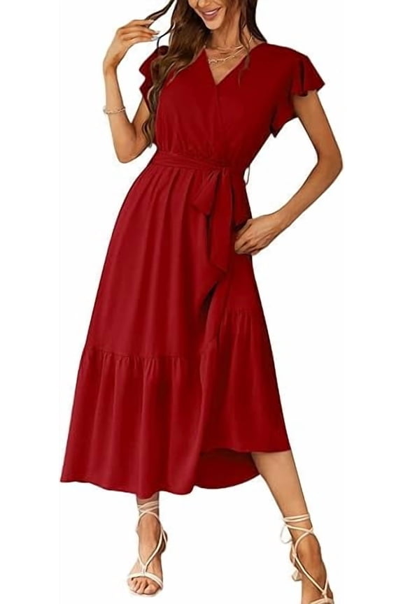 Women's Floral Boho Dress Wear To Work Wrap V Neck Short Sleeve Belted Ruffle Hem A-Line Flowy Maxi Dresses
