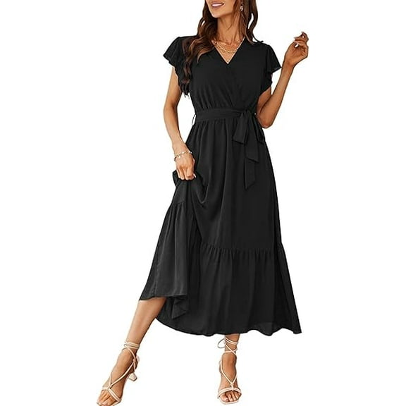 PRETTYGARDEN Women's Floral Boho Dress Wear To Work Wrap V Neck Short Sleeve Belted Ruffle Hem A-Line Flowy Maxi Dresses