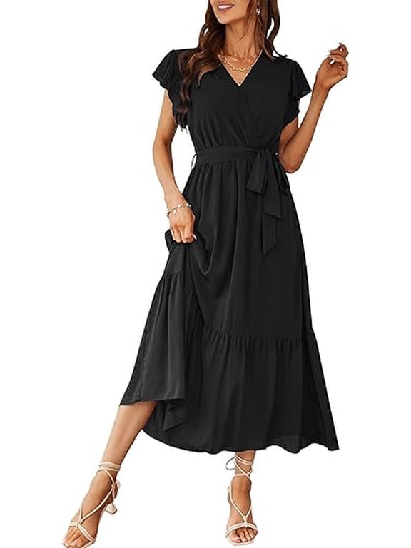 Women's Floral Boho Dress Wear To Work Wrap V Neck Short Sleeve Belted Ruffle Hem A-Line Flowy Maxi Dresses