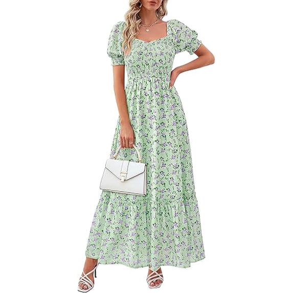 PRETTYGARDEN Women's Floral Boho Maxi Dresses Flowy Short Sleeve A Line Smocked Eyelet Summer Beach Vacation Clothes