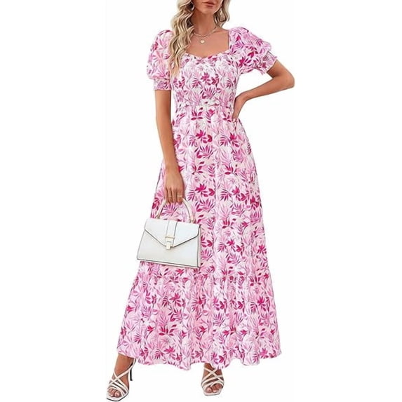 PRETTYGARDEN Women's Floral Boho Maxi Dresses Flowy Short Sleeve A Line Smocked Eyelet Summer Beach Vacation Clothes