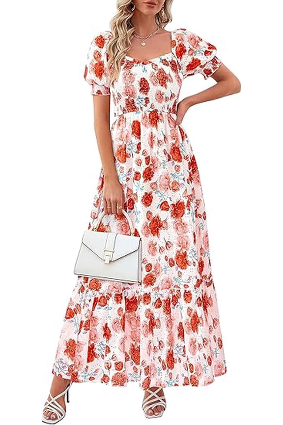 Women's Floral Boho Maxi Dresses Flowy Short Sleeve A Line Smocked Eyelet Summer Beach Vacation Clothes