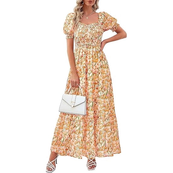 PRETTYGARDEN Women's Floral Boho Maxi Dresses Flowy Short Sleeve A Line Smocked Eyelet Summer Beach Vacation Clothes