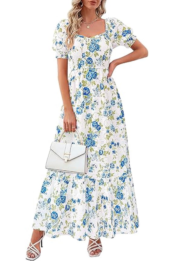 Women's Floral Boho Maxi Dresses Flowy Short Sleeve A Line Smocked Eyelet Summer Beach Vacation Clothes