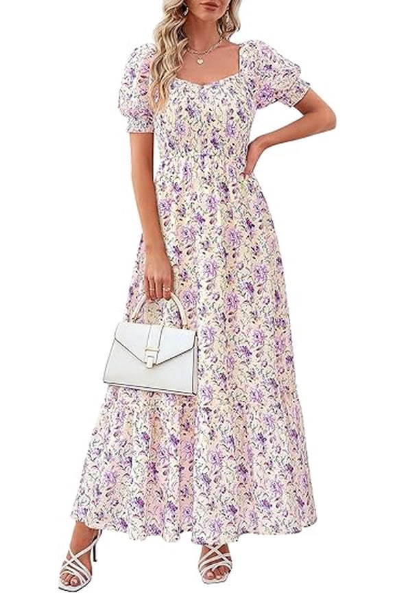 Women's Floral Boho Maxi Dresses Flowy Short Sleeve A Line Smocked Eyelet Summer Beach Vacation Clothes