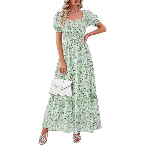 PRETTYGARDEN Women's Floral Boho Maxi Dresses Flowy Short Sleeve A Line Smocked Eyelet Summer Beach Vacation Clothes