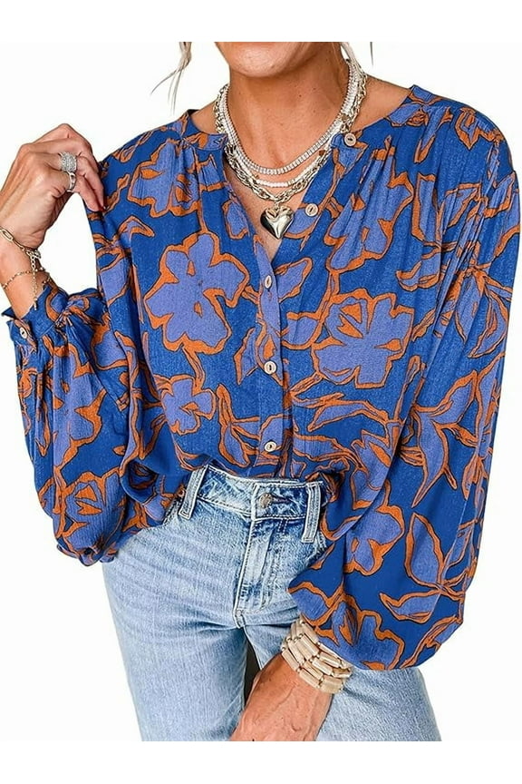 Women's Floral Button Down Blouse Fall Fashion Dressy Casual Long Sleeve Oversized Shirts Top Boho Clothes