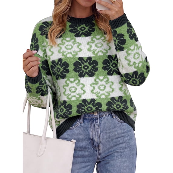 PRETTYGARDEN Women's Floral Crewneck Sweater Knit Pullover Loose Fit, Chunky Knit Sweaters Tops, Dressy Casual Work Vacation Holiday Outfits, Womens Fall Fashion, Winter Clothes