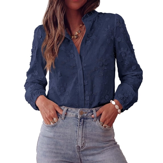 PRETTYGARDEN Women's Floral Embroidered Button Down Shirts | Ladies Dressy Fall Blouses, Long Sleeves, Ruffle Neck, Elegant Boho Eyelet Tops for Work, Business & Spring Casual Outings