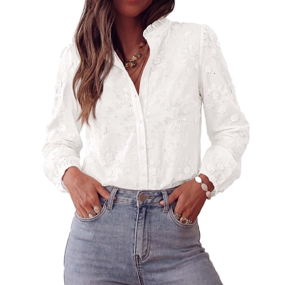 PRETTYGARDEN Women's Floral Embroidered Button Down Shirts | Ladies Dressy Fall Blouses, Long Sleeves, Ruffle Neck, Elegant Boho Eyelet Tops for Work, Business & Spring Casual Outings