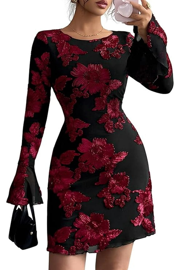 Women's Floral Embroidered Dress Fall Long Bell Sleeve Ribbon Flower Mini Short Mesh Bodycon Party Dresses
