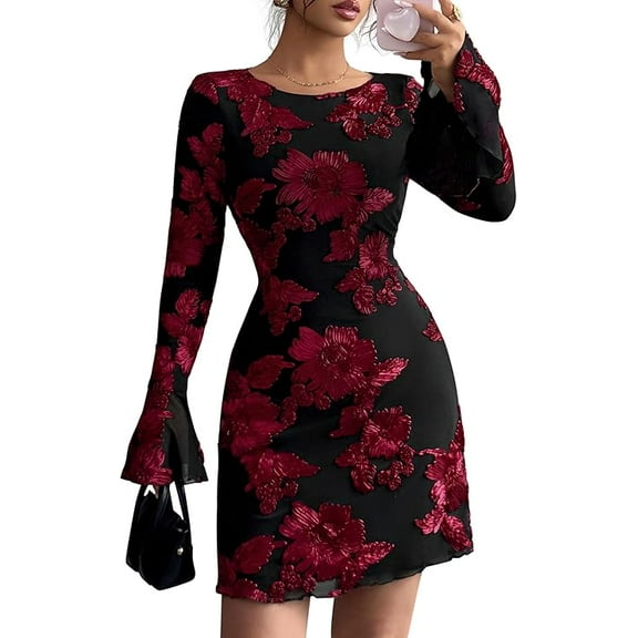 PRETTYGARDEN Women's Floral Embroidered Dress Fall Long Bell Sleeve Ribbon Flower Mini Short Mesh Bodycon Party Dresses