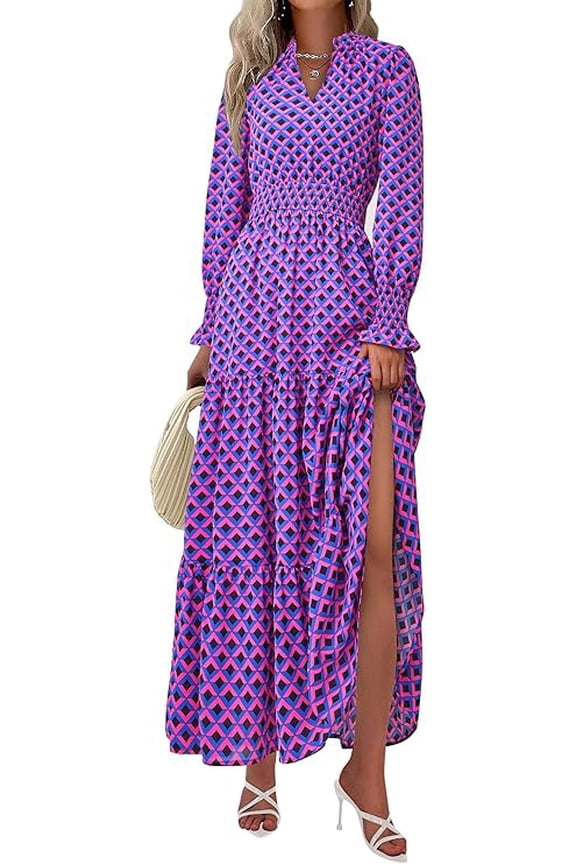 Women's Floral Maxi Dress Spring Long Sleeve V Neck Casual A Line Long Flowy Boho Party Dresses