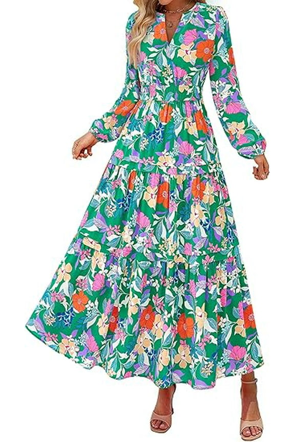 Women's Floral Maxi Dress Spring Long Sleeve V Neck Casual A Line Long Flowy Boho Party Dresses