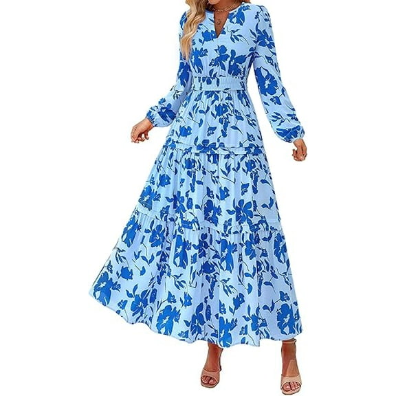 PRETTYGARDEN Women's Floral Maxi Dress Spring Long Sleeve V Neck Casual A Line Long Flowy Boho Party Dresses