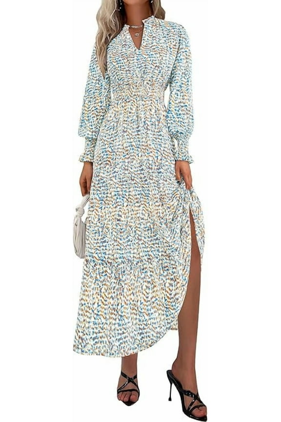 Women's Floral Maxi Dress Spring Long Sleeve V Neck Casual A Line Long Flowy Boho Party Dresses