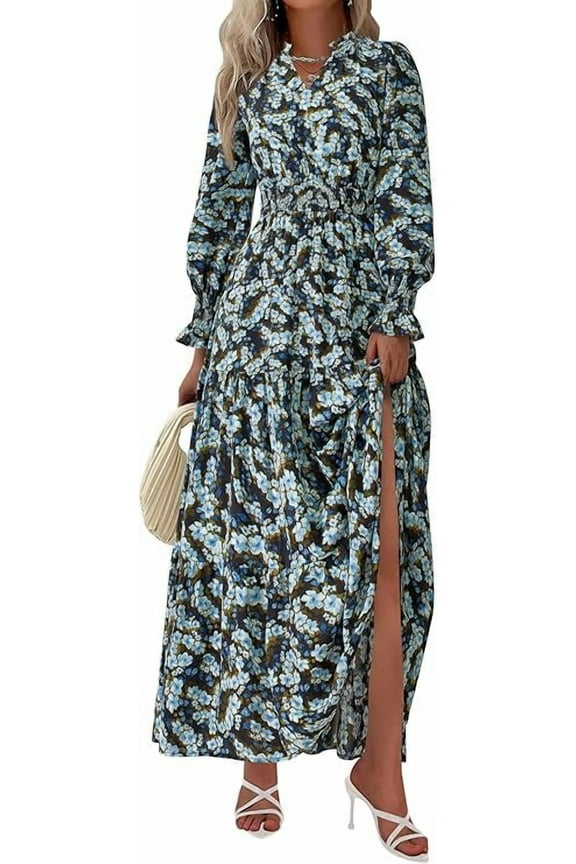 Women's Floral Maxi Dress Spring Long Sleeve V Neck Casual A Line Long Flowy Boho Party Dresses