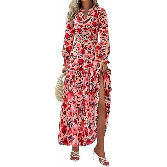 PRETTYGARDEN Women's Floral Maxi Dress Spring Long Sleeve V Neck Casual A Line Long Flowy Boho Party Dresses