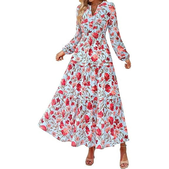 PRETTYGARDEN Women's Floral Maxi Dress Spring Long Sleeve V Neck Casual A Line Long Flowy Boho Party Dresses